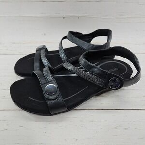 Aetrex Jess Orthopedic Sandals Arch Support Black Silver 10 Adjustable Strap